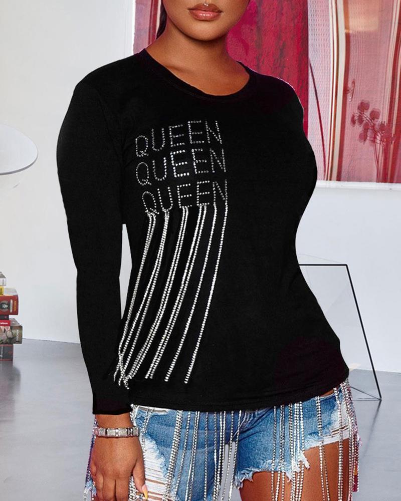 

Letter Studded Tassel Design Long Sleeve T-Shirt, Black