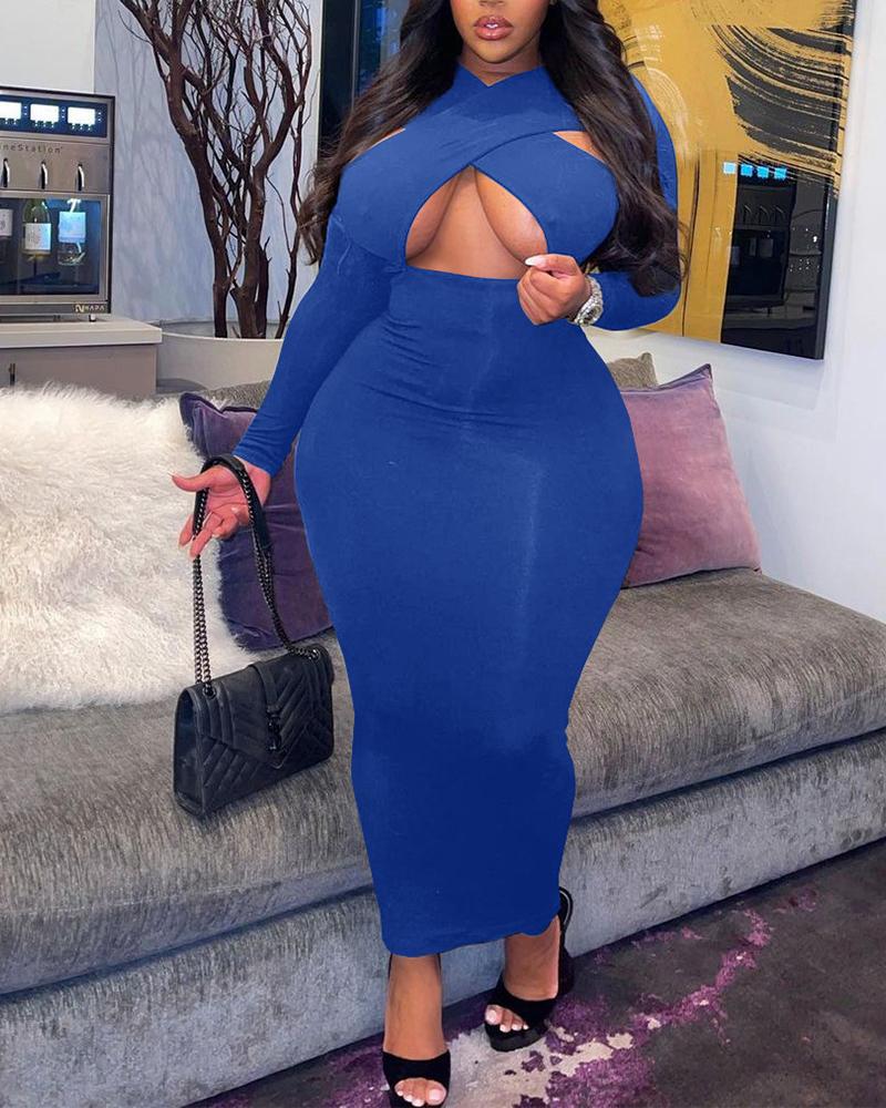 

Plus Size Crisscross Cutout Long Sleeve Bodycon Dress, Blue