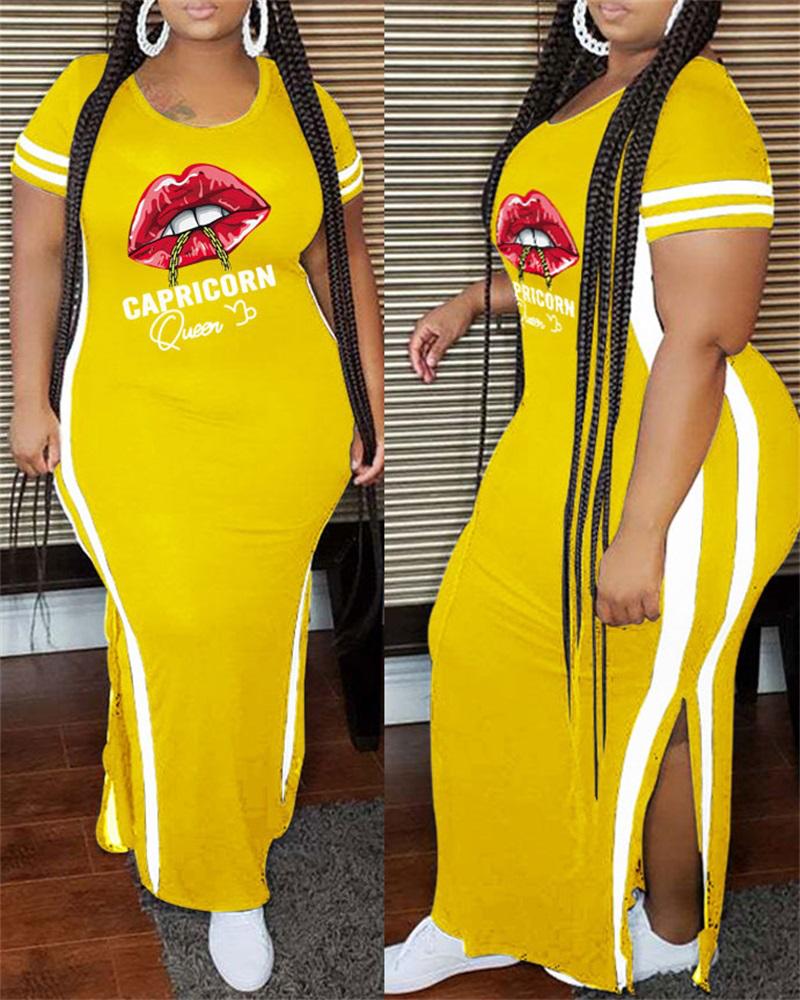

Plus Size Lip Letter Print Split Hem Maxi Dress, Yellow
