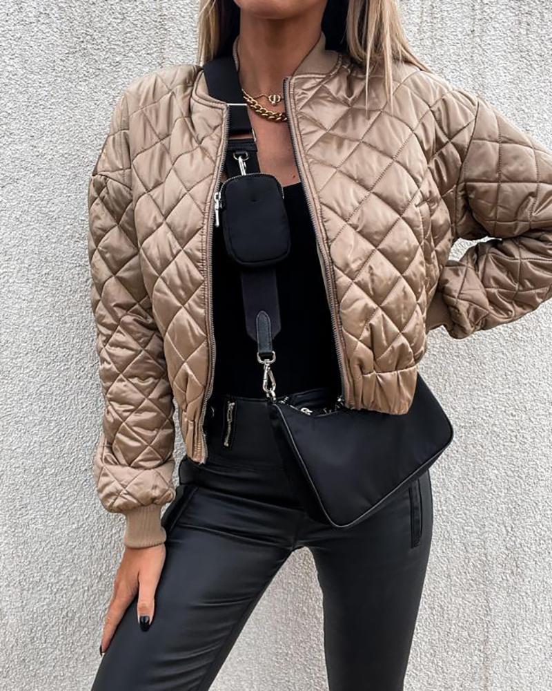 

Quilted Long Sleeve Zipper Design Puffer Jacket, Apricot