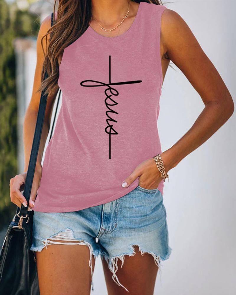 

Letter Cross Print Casual Tank Top, Pink