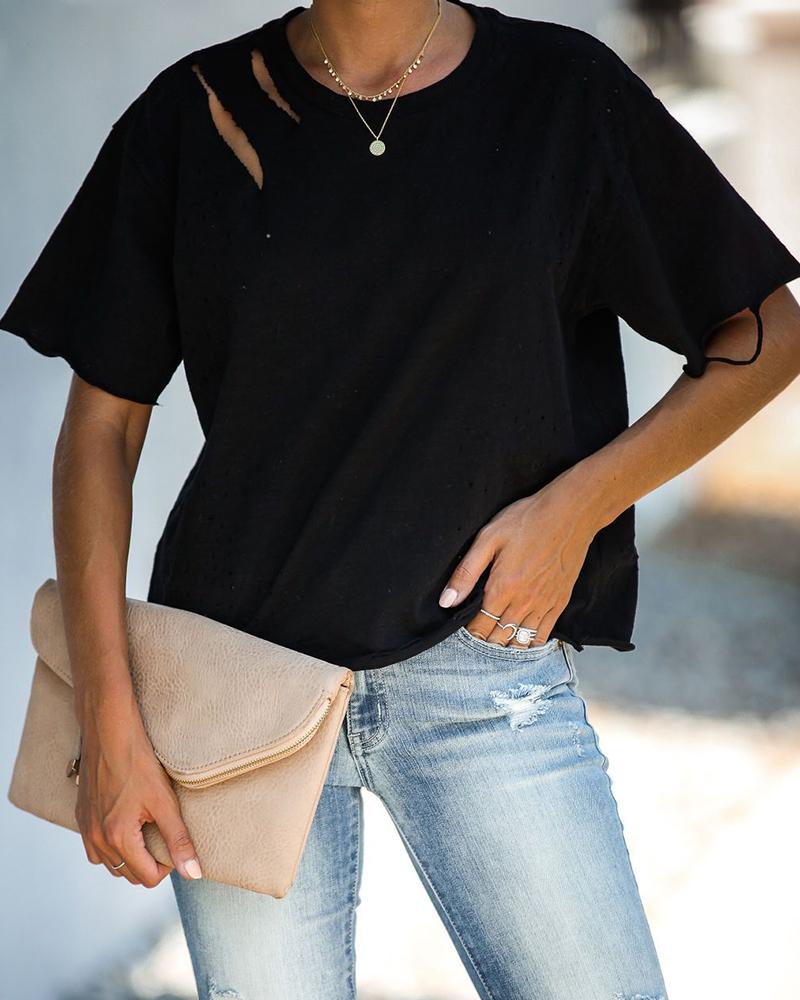 

Solid Color Ripped T-Shirt, Black