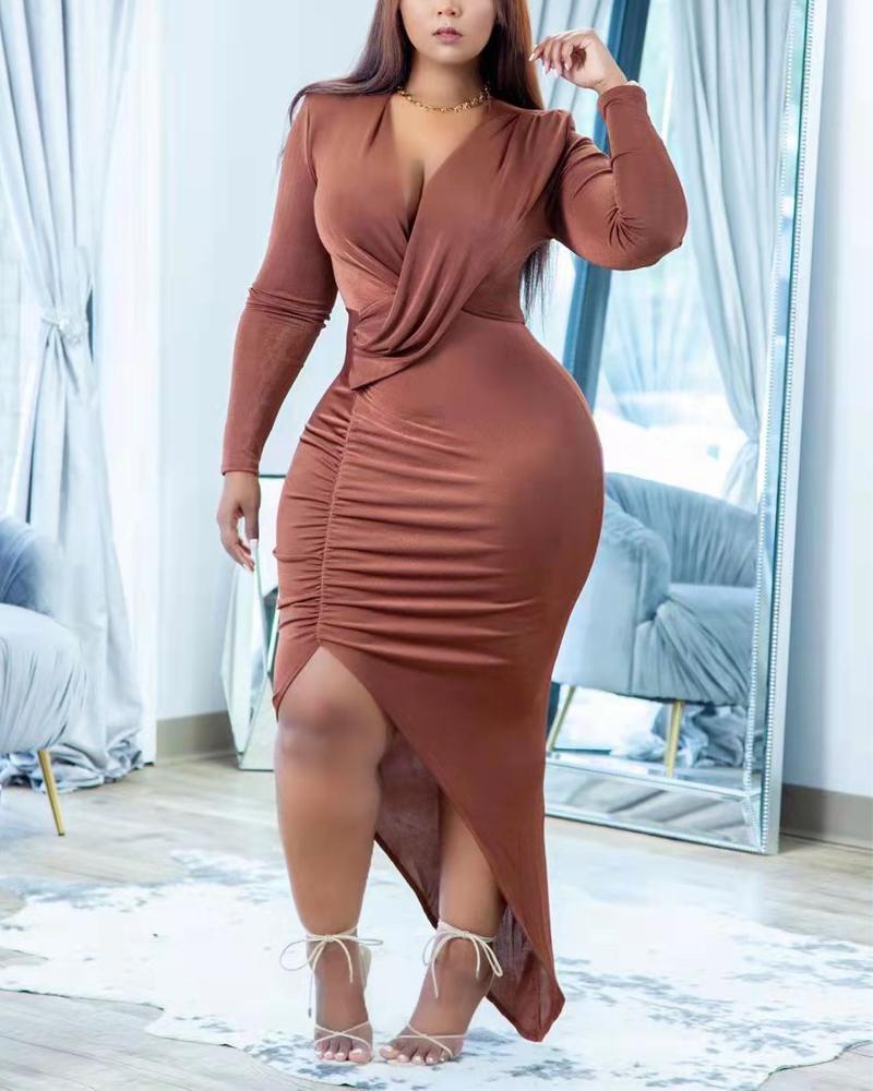 

Long Sleeve Ruched Asymmetrical Party Dress, Coffee
