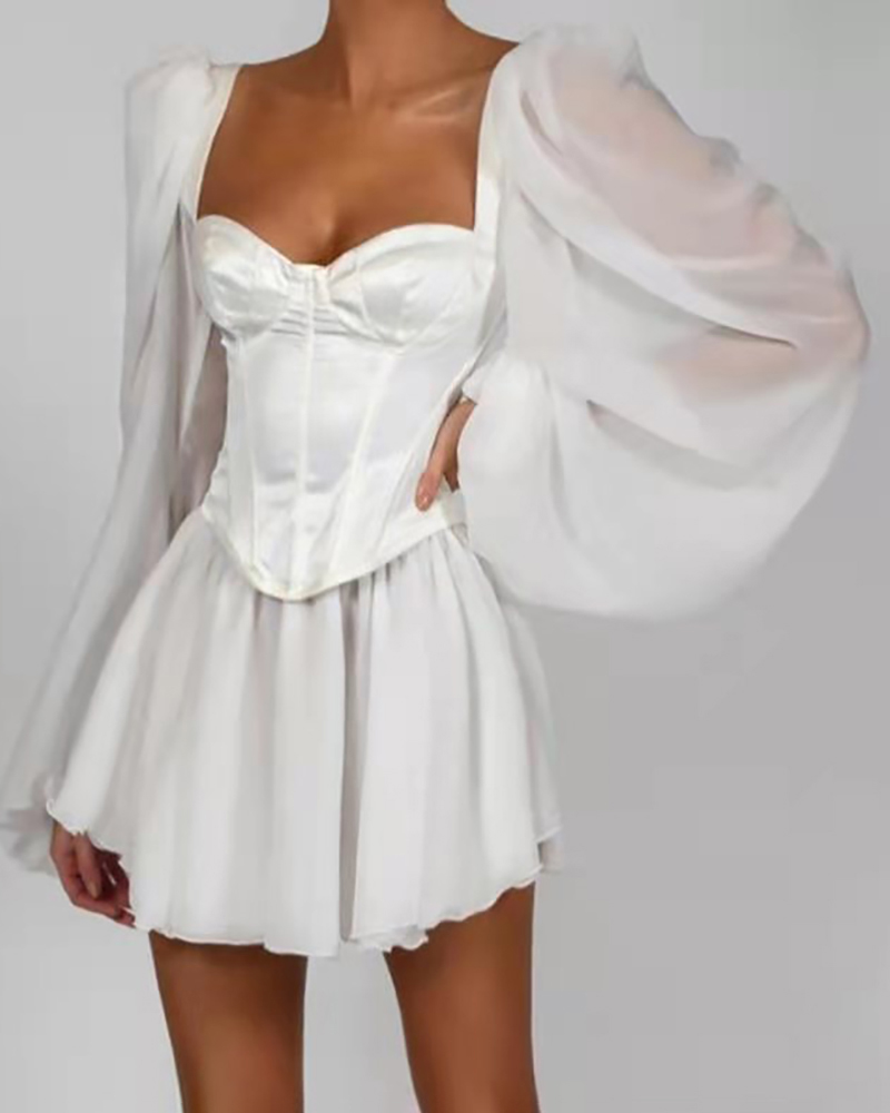 

Sheer Mesh Puff Lantern Sleeve Bodycon Dress, White
