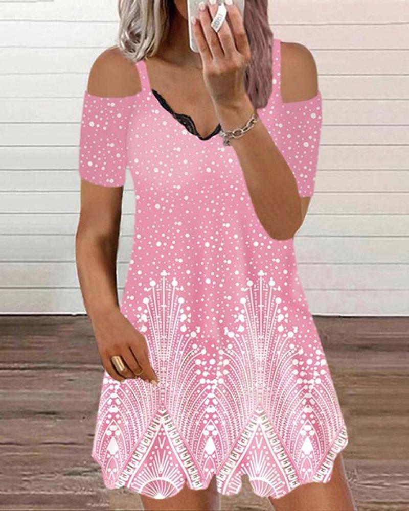 

Allover Print Cold Shoulder Lace Trim Casual Dress, Pink
