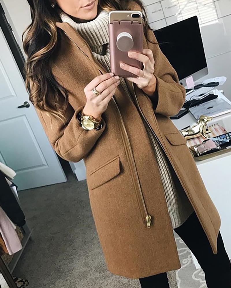 

Solid Stand Collar Zipper Pocket Wool Coat, Brown