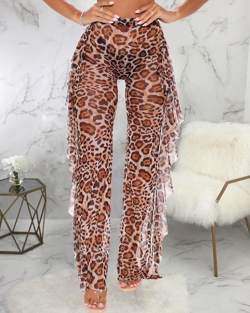 

Leopard Print Side Ruffles Mesh Pants Beachwear, Style1