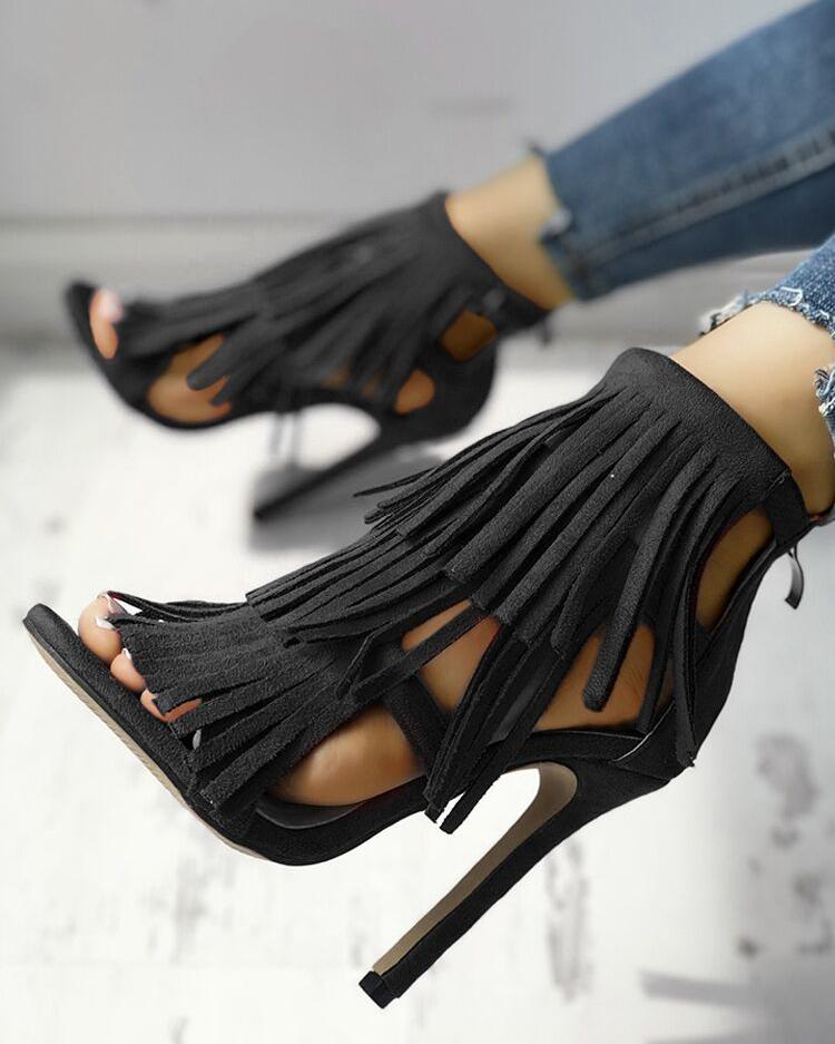 

Fashion Solid Tassel High Heel Sandals, Black