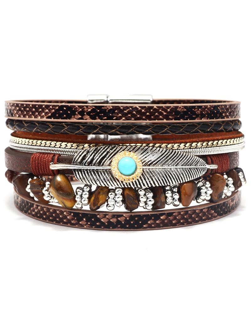 

1pc Feather Turquoise Wide Magnet Bracelet, Brown