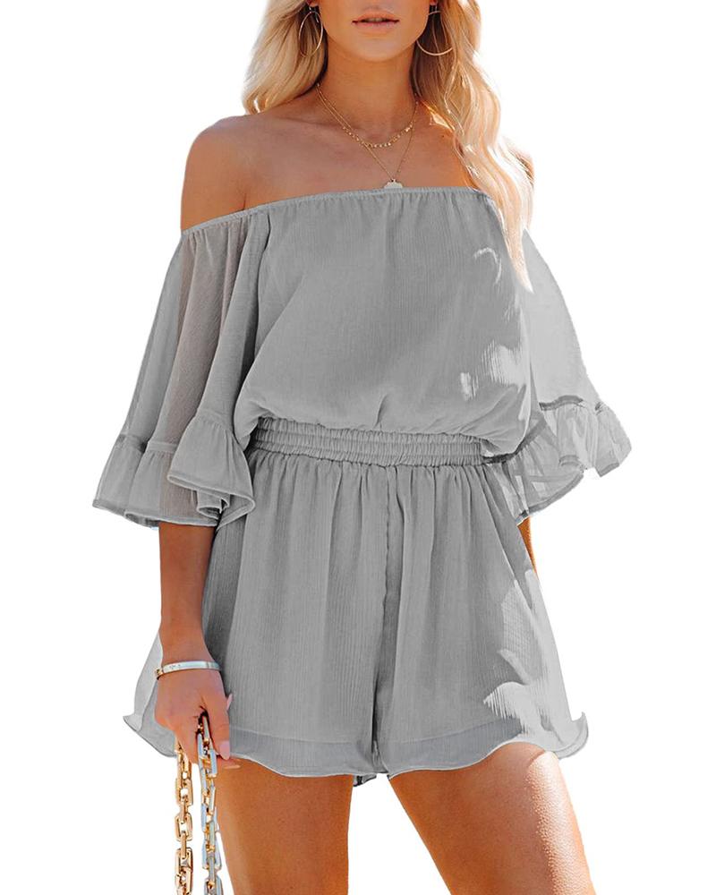

Off Shoulder Ruffle Hem Gathered Waist Romper, Gray