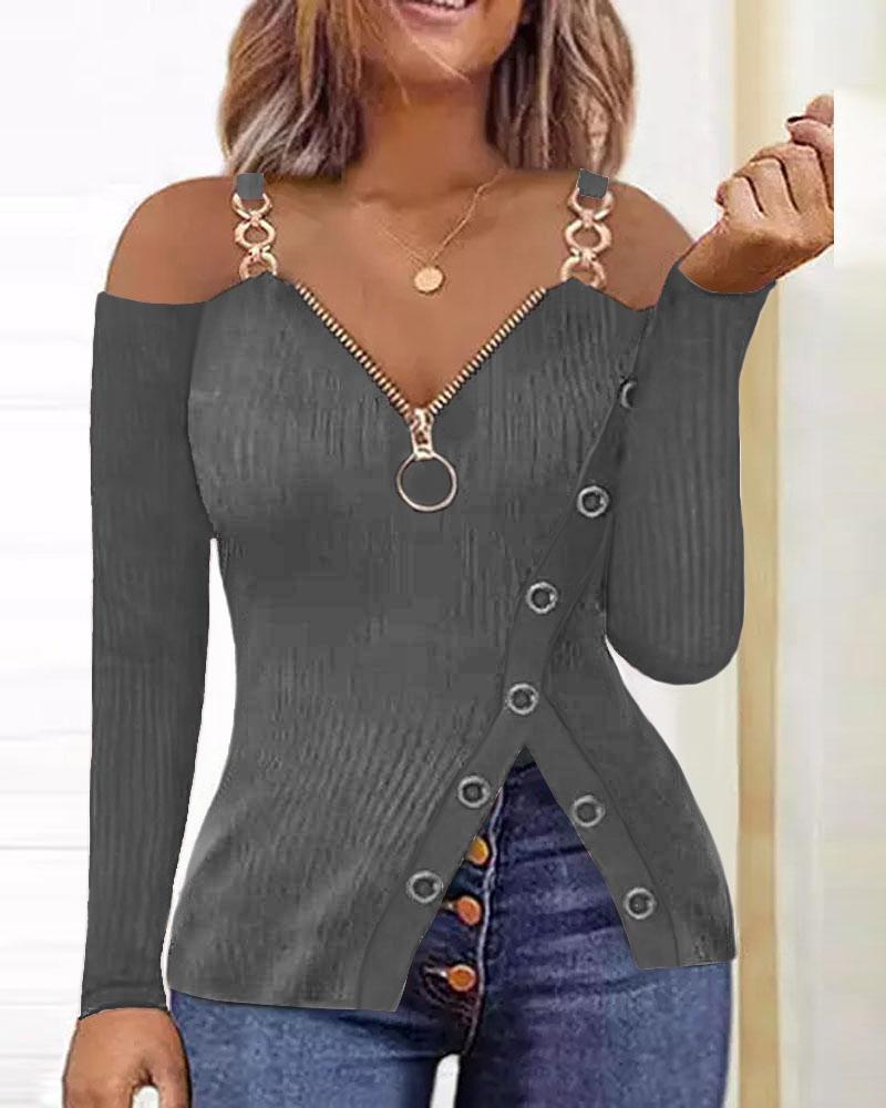 

Zip Detail Cold Shoulder Top, Gray