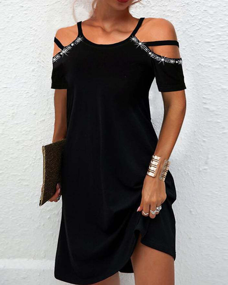 

Rhinestone Decor Cold Shoulder Casual Dress, Black