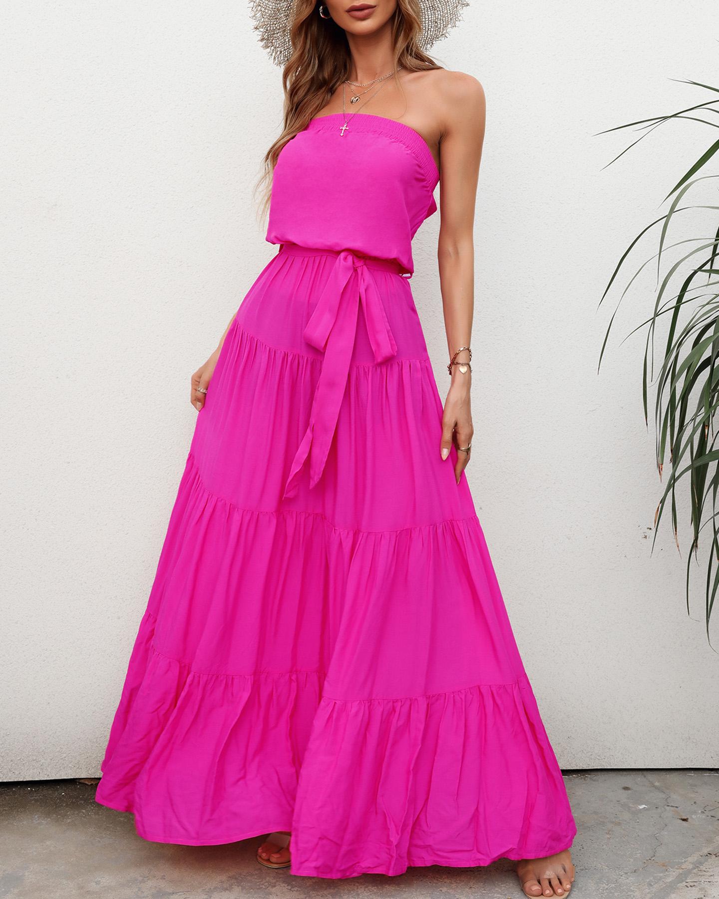 

Bandeau Ruched Tied Detail Maxi Dress, Hot pink