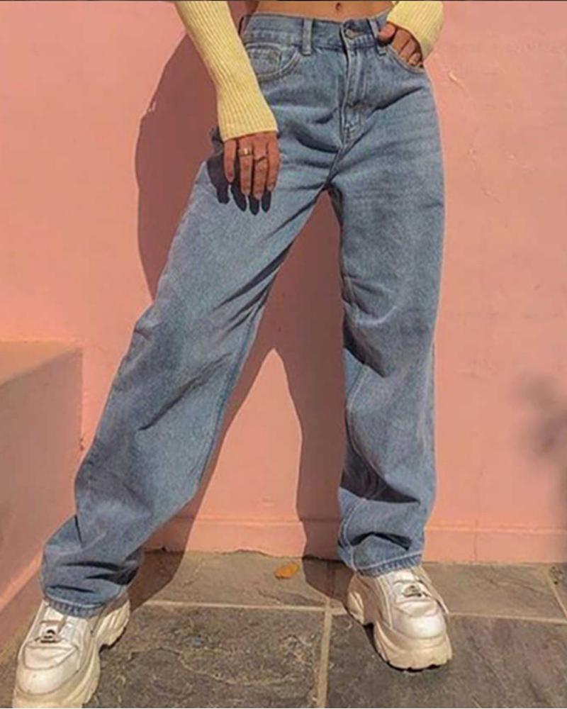 

Zipper Fly Straight Leg Jeans, Blue