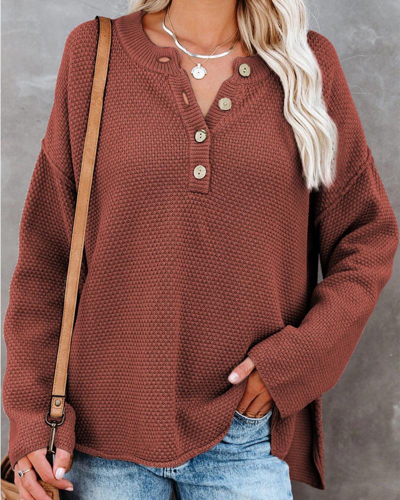 

Long Sleeve Button Front Split Hem Sweater, Red