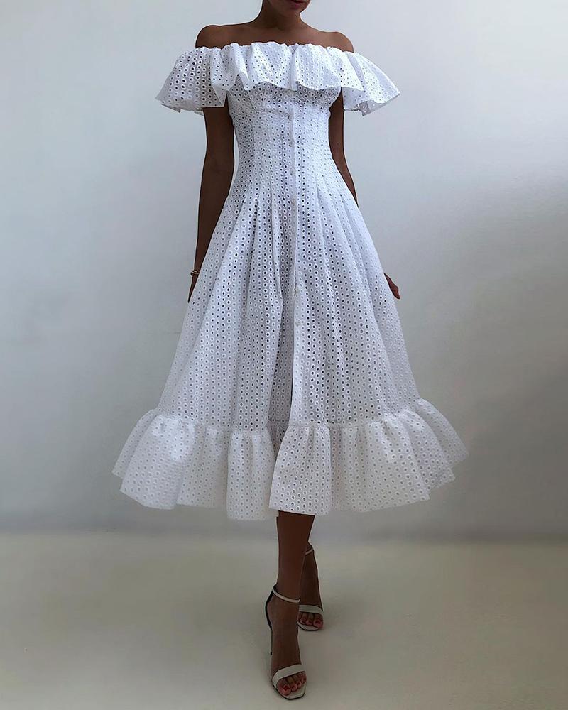 

Off Shoulder Eyelet Embroidery Ruffles Casual Dress, White
