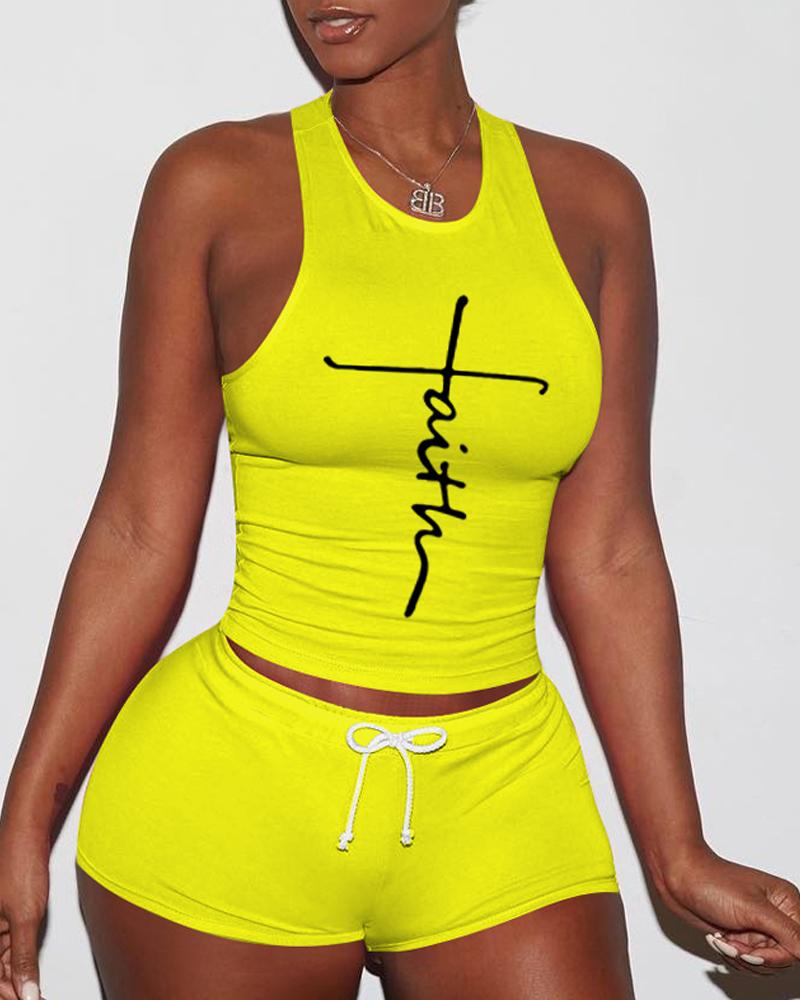 

Letter Print Breathable Drawstring Active Set, Yellow