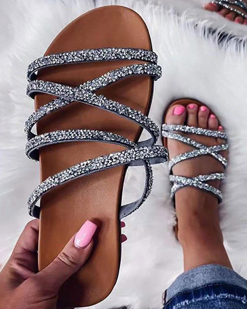 

Rhinestone Decor Round Toe Slippers, Silver