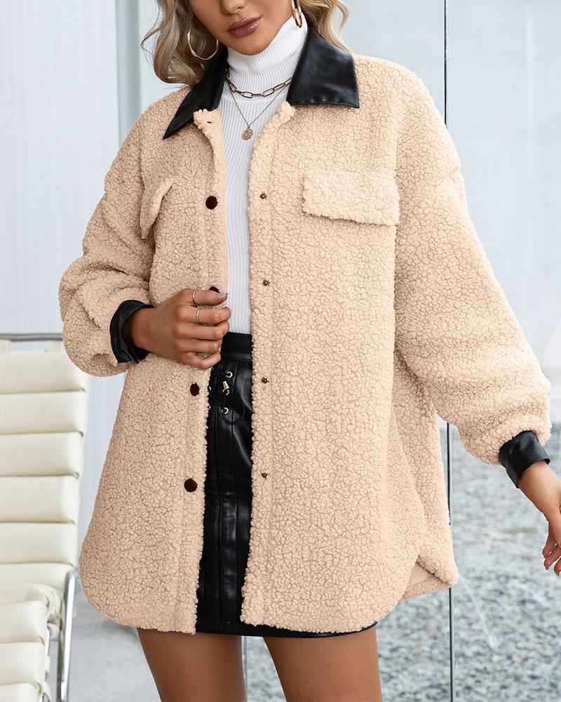 

PU Leather Patch Button Front Teddy Shacket, Apricot