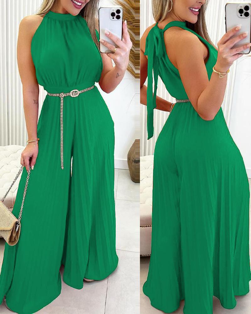 

Sleeveless Pleated Wide Leg Jumpsuit Without Belt, Green