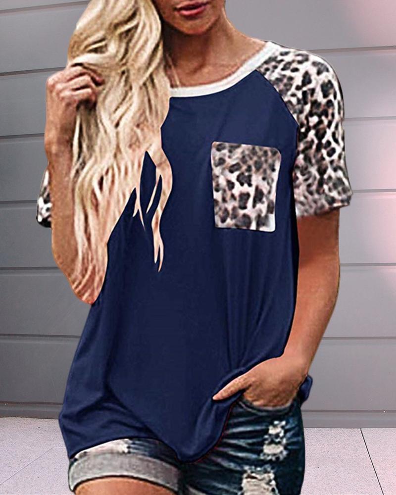 

Leopard Print Short Sleeve Pocket T-shirt, Dark blue
