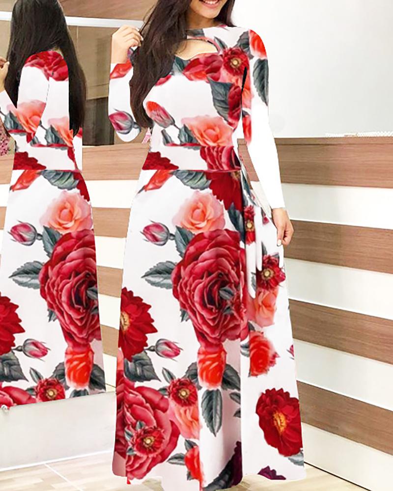 

Long Sleeve Floral Printed Dress, Red