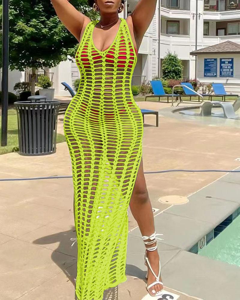 

Hollow Out High Slit Crochet Cover Up Beach Dress, Lvs green