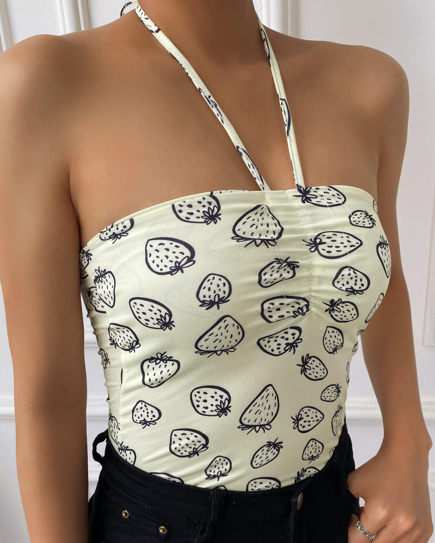 

Halter Drawstring Fruit Print Top, Style1