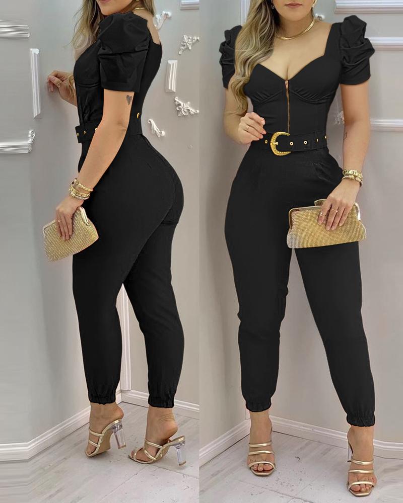 

V-Neck Zip Front Puff Sleeve Jumpsuit With Belt Casual Overalls, Black