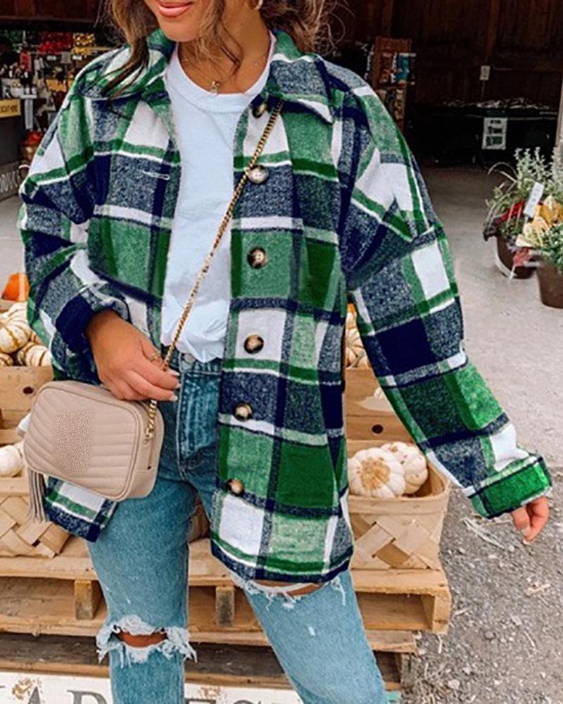 

Long Sleeve Buttoned Plaid Print Shacket, Green