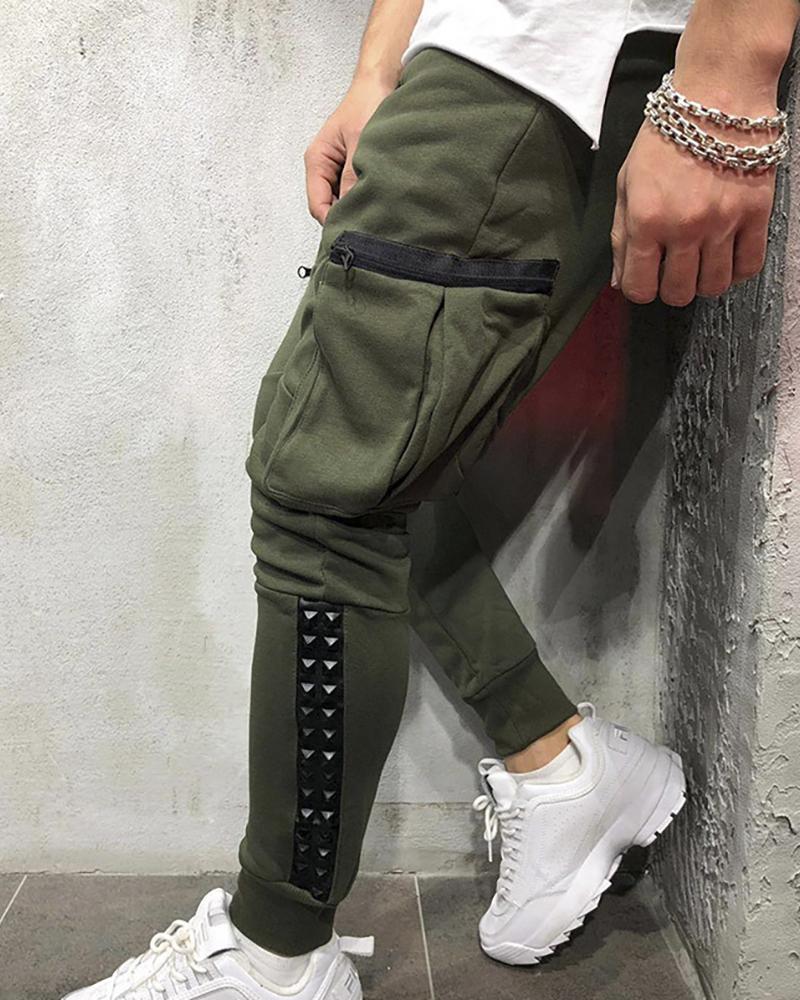 

Men Rivet Drawstring Pocket Design Cargo Pants, Army green