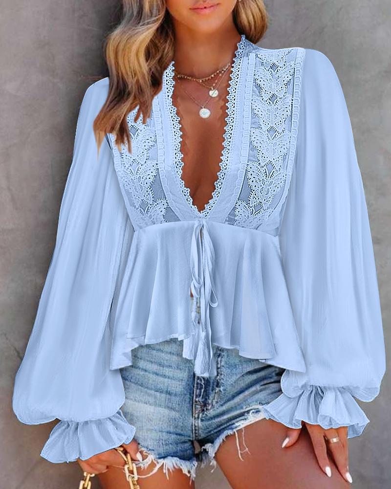 

Tied Detail Lace Patch Lantern Sleeve Top, Sky blue