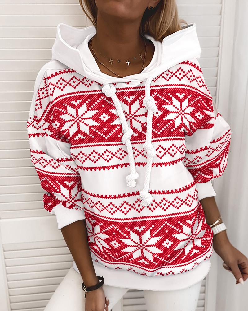 

Christmas Snowflake Print Long Sleeve Casual Hoodie, Red
