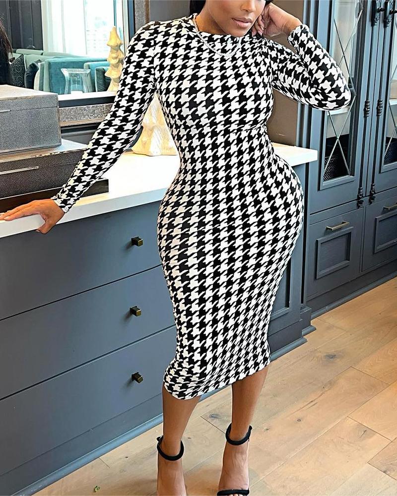 

Houndstooth Print Long Sleeve Bodycon Dress, Blackwhite