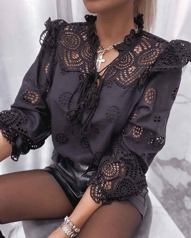 

Eyelet Embroidery Guipure Lace Frill Hem Top, Black
