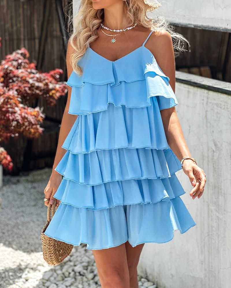 

Ruffle Hem V-Neck Mini Dress, Lighted blue