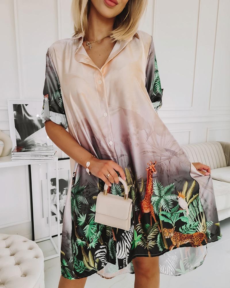 

Tropical Animal Print Button Front Shirt Dress, Multicolor