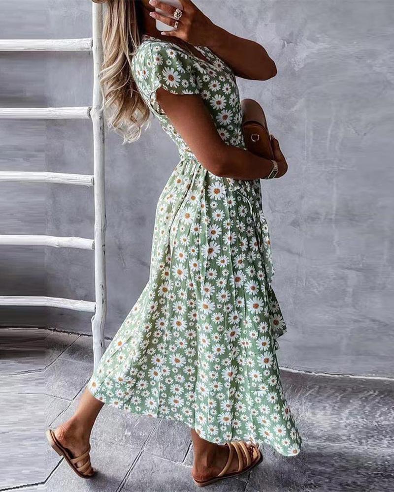 

Daisy Print Tied Detail Short Sleeve Dress, Green