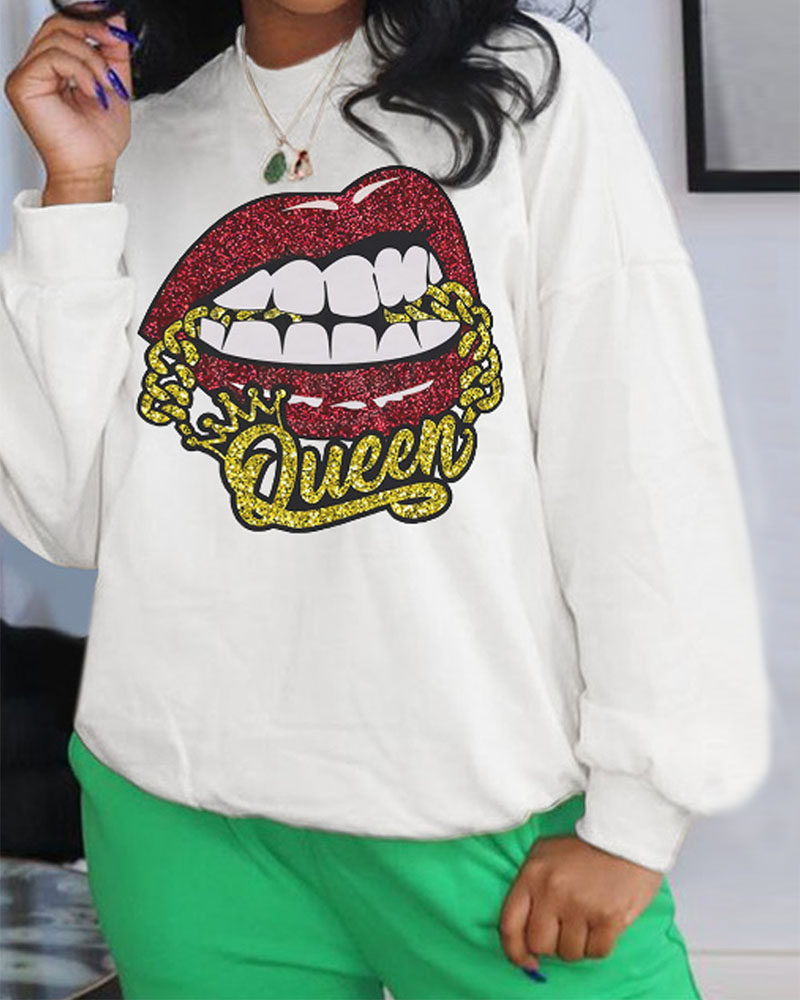 

Plus Size Lip Letter Chain Print Long Sleeve Sweatshirt, White