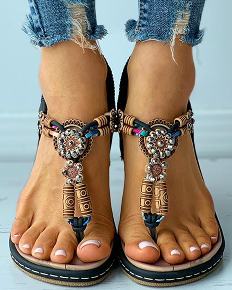 

Boho Pattern Toe Post Flat Sandals, Black