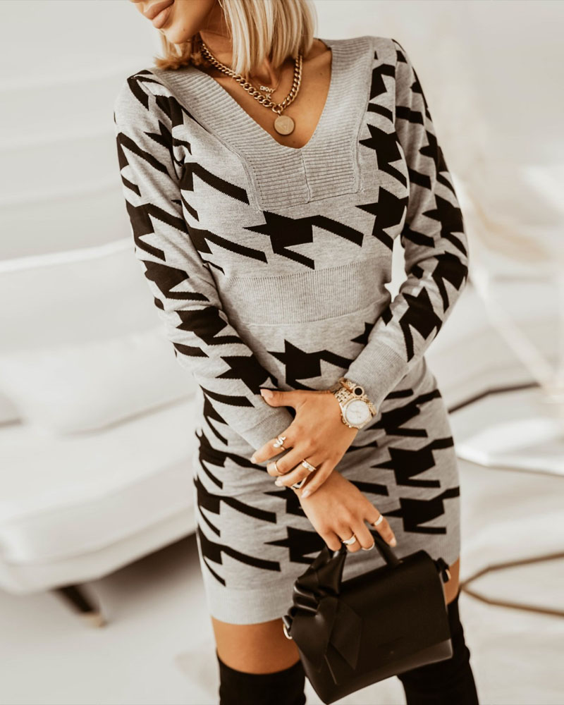 

Houndstooth Print Long Sleeve Work Dress, Light gray