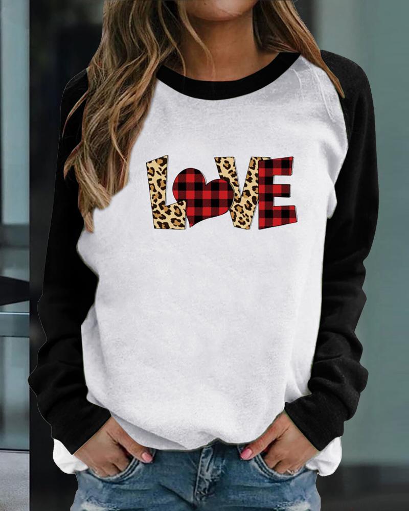 

Valentine' Day Letter Heart Print Raglan Sleeve Sweatshirt, Black