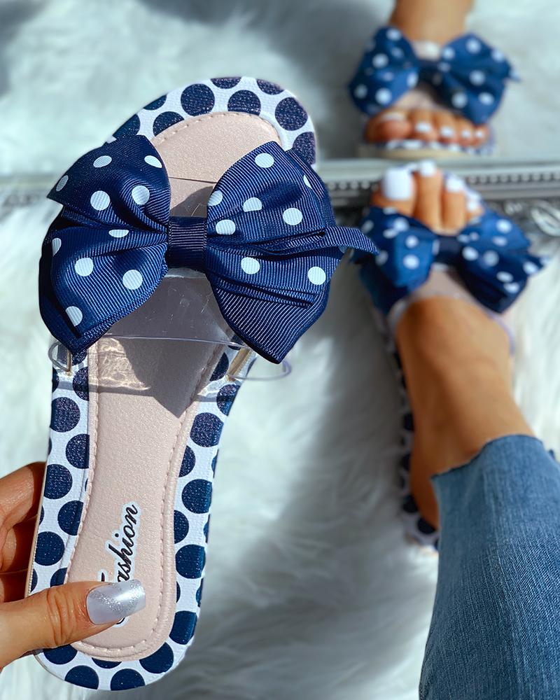 

Transparent Strap Bowknot Dot Flat Slipper, Blue