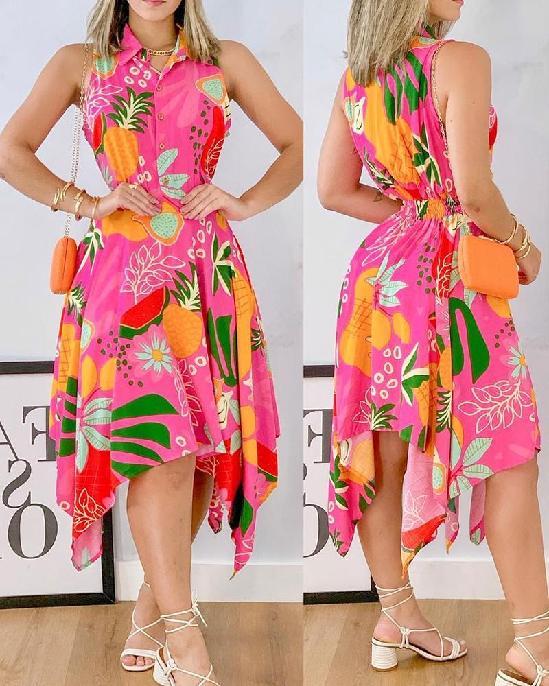 

Fruit Tropical Print Buttoned Asymmetrical Shirt Dress, Hot pink