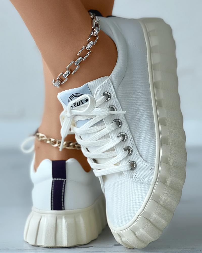 

Eyelet Lace-up Casual Canvas Sneakers, White
