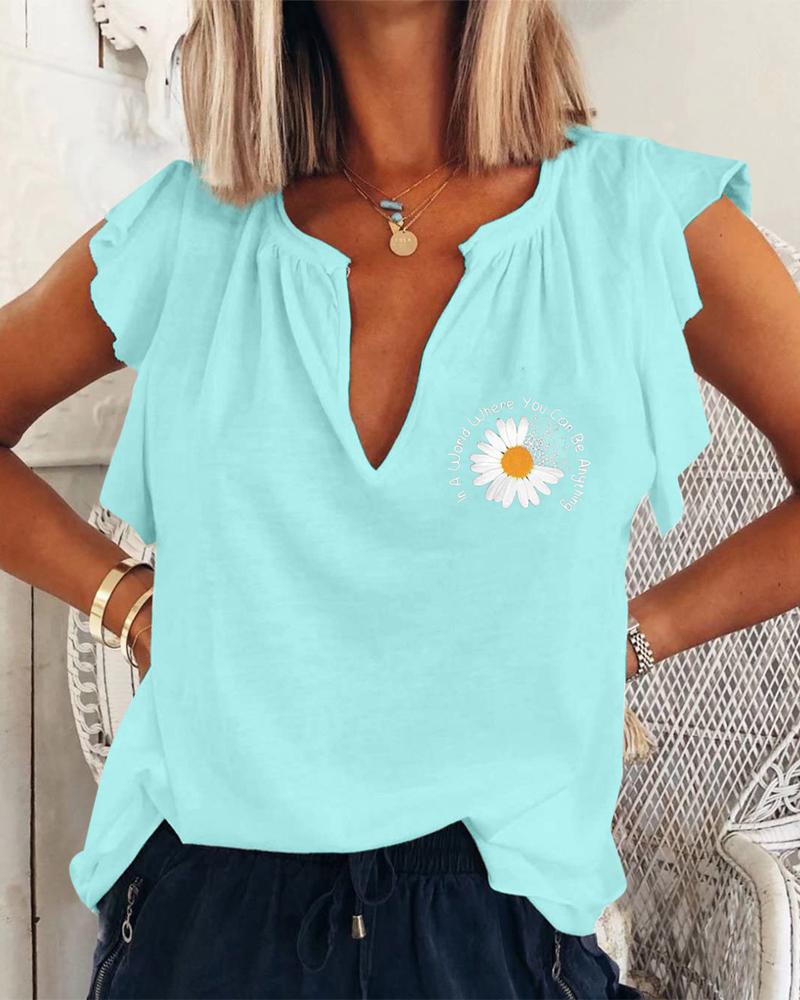 

Floral Print Ruffle Hem Casual Top, Green