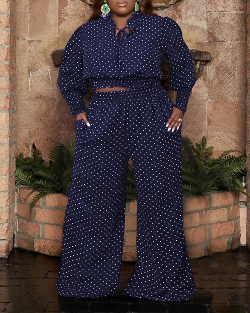 

Plus Size Polkadot Print Lantern Sleeve Top & Wide Leg Pants Set, Blue