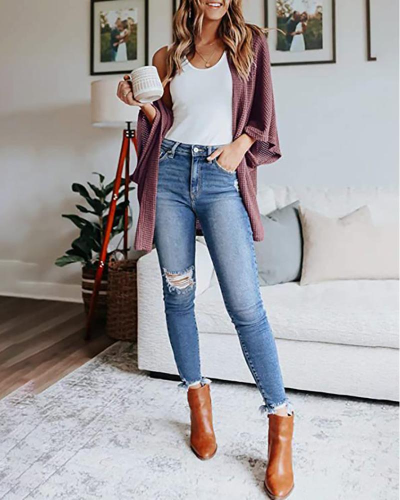 

Waffle Knit Casual Cardigan, Purple