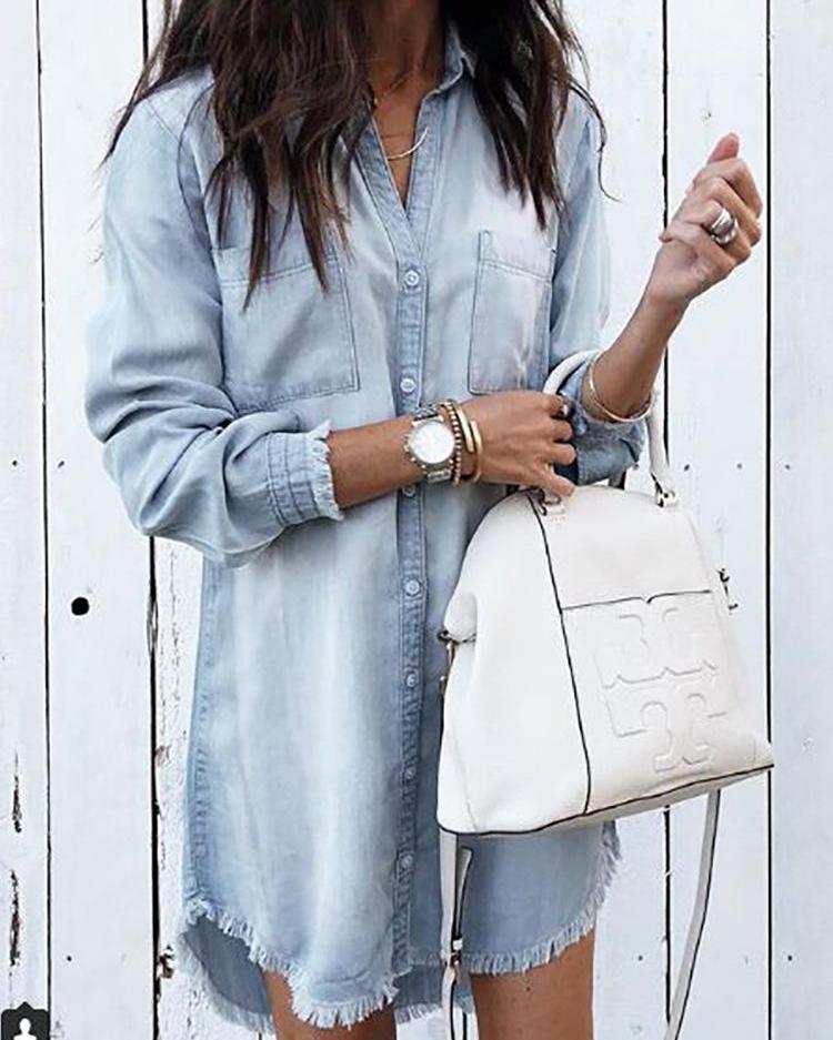 

Denim Frayed Hem Long Sleeve Shirt Dress, Blue