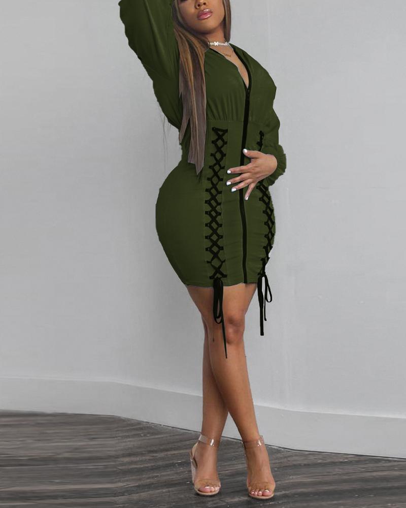

Lace-Up Zipper Front Hooded Bodycon Dress, Green